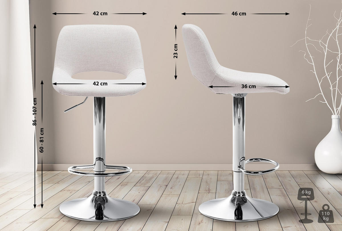 BARHOCKER 2er Set Stoff creme - Chromfarben/Creme, Textil/Metall (42/86/46cm) - CLP