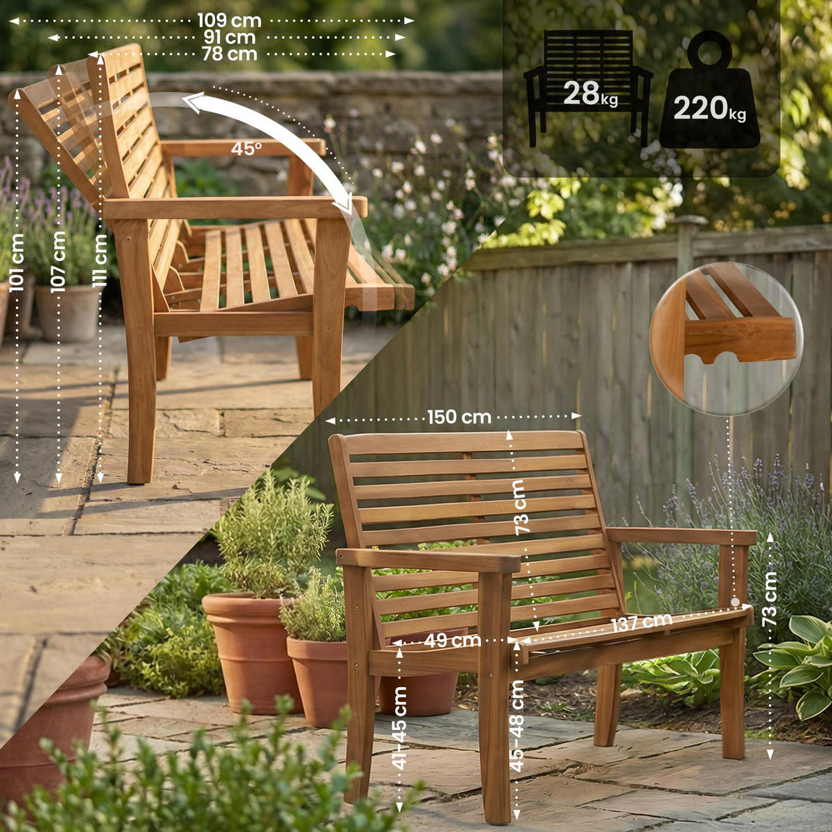 TEAKBANK Peter Liegefunktion 150x78x111cm Teakholz Teak Gartenbank - Teakfarben, Holz (150/111/78cm) - DELUKE