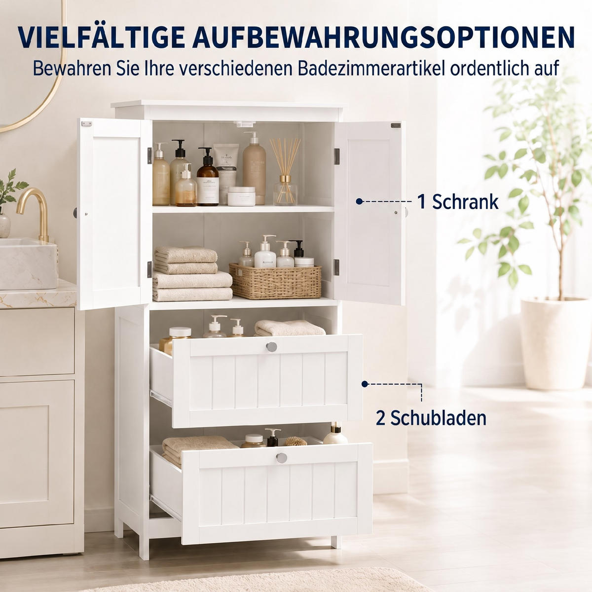 BADEZIMMERSCHRANK MDF Weiß - Weiß/Nickelfarben, Holzwerkstoff/Metall (30/110/60cm) - HOMCOM