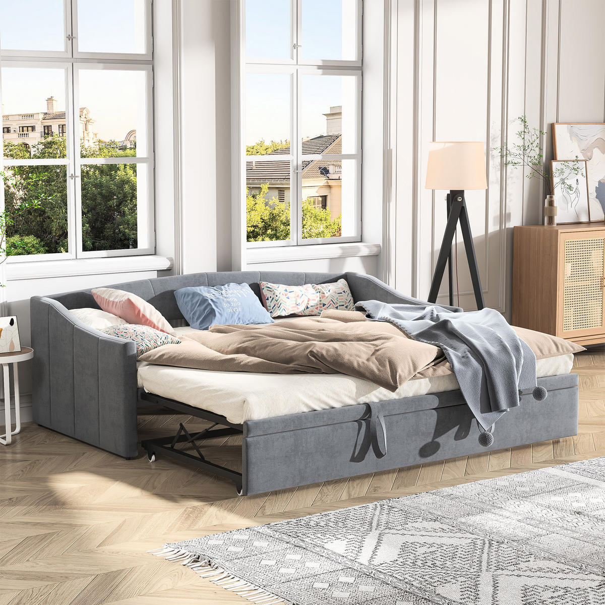 SCHLAFSOFA 2 sitzer, 90x200 cm, mit Lattenrost, Samt Grau, für das Wohnzimmer - Grau, Holz/Textil (210/74/100cm) - GENKI LIVING