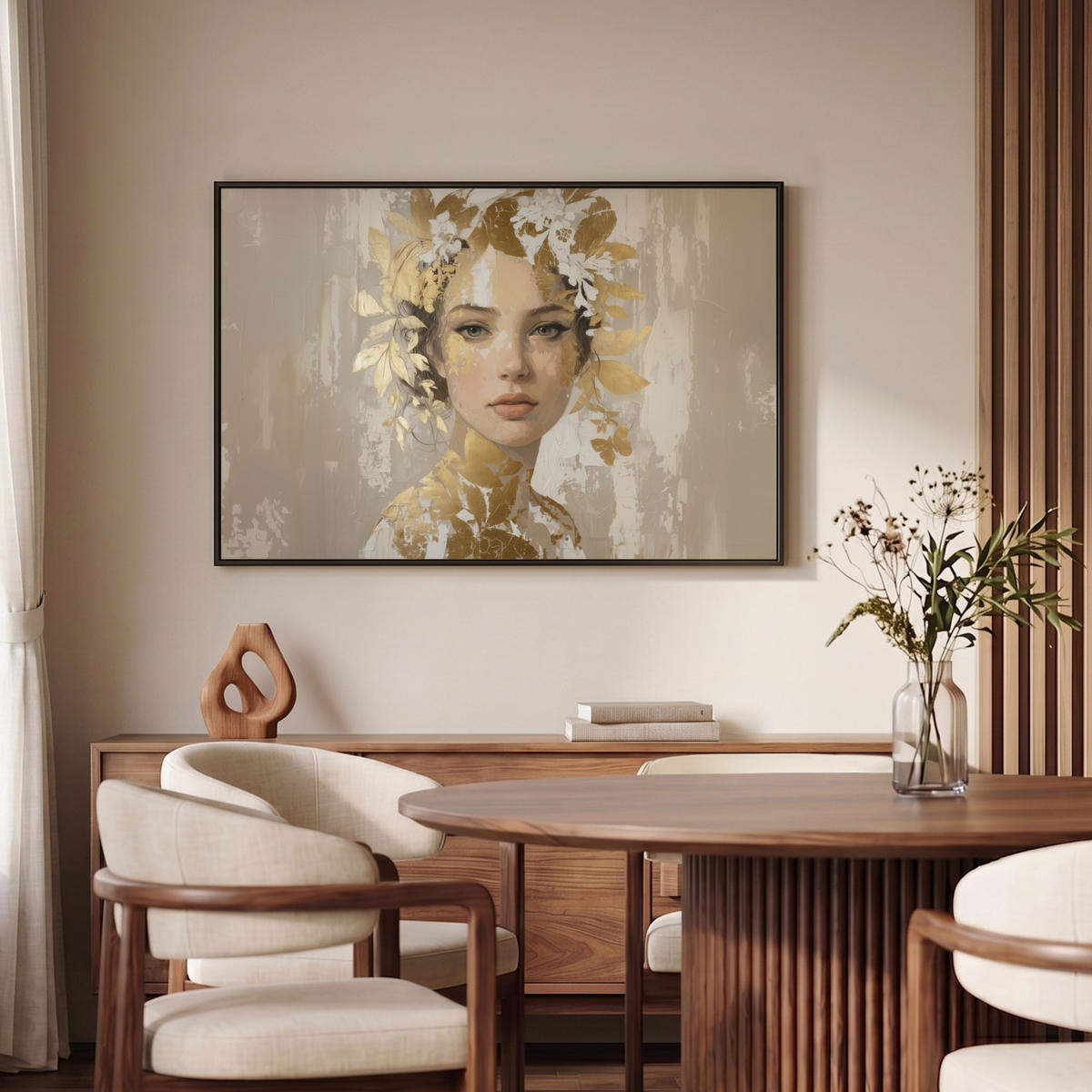 LEINWAND Bilder mit Rahmen - Gesicht - Frau - Blätter - Gold - 90x60 - Beige, Textil (90/60cm) - MuchoWow
