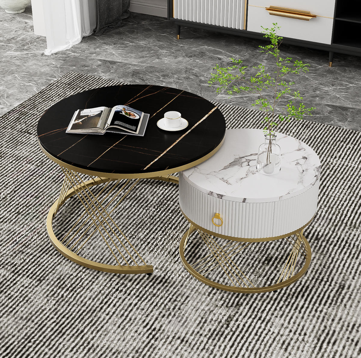 KOMMODE, 2-teiliges Couchtisch-Set aus MDF in Marmor-Optik mit Goldakzenten, 70/70/45 + 50/50/40 cm, Weiß und Gold und Schwarz - Schwarz, Holzwerkstoff (70/70/45cm) - Redom