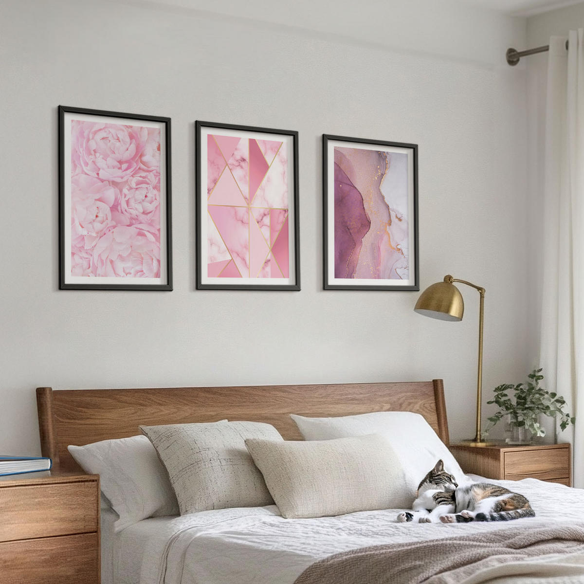 BILDER SET 3er Set - 40x60 cm Schwarzer Rahmen - Rosa geometrische Pfingstrosen - Schwarz, Kunststoff (40/60cm) - TULUP