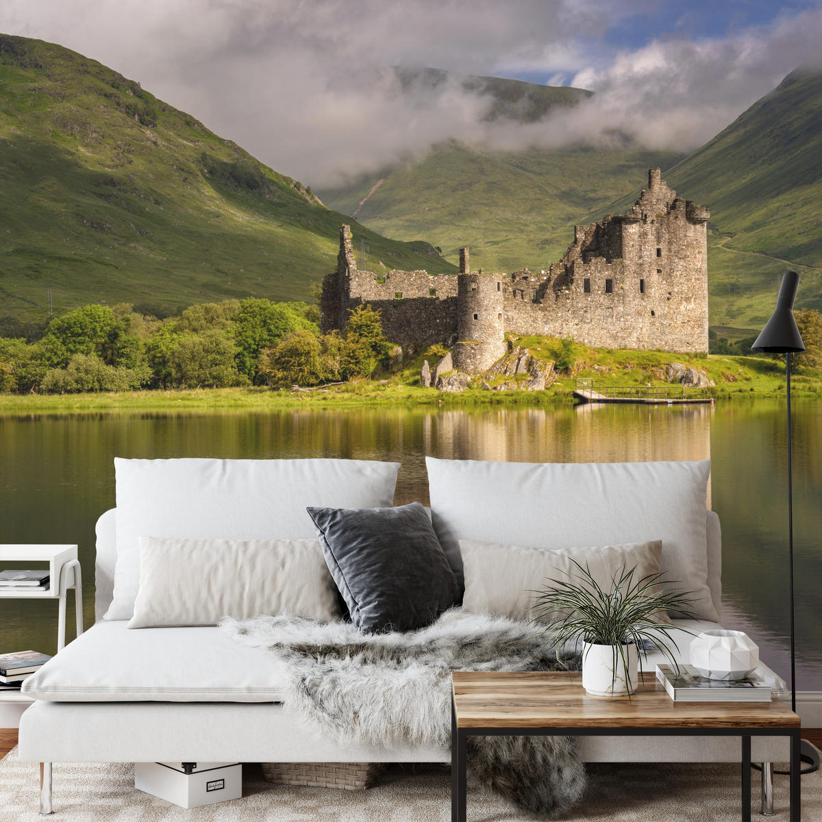 FOTOTAPETE Burgruine Kilchurn See Landschaft 3D 150x105 - Gelb/Beige, Papier (150/105cm) - Muralo