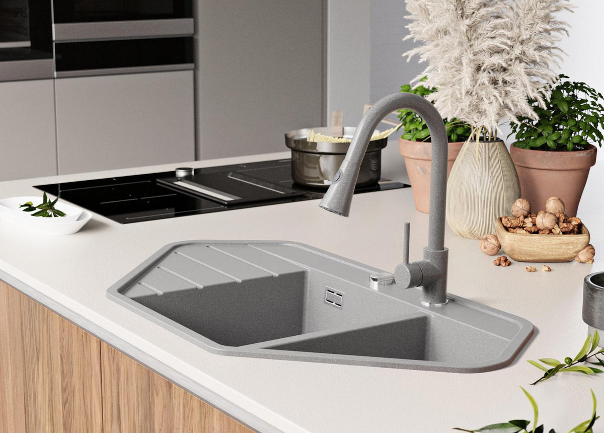 GRANITSPÜLE Kopenhagen Corner, 2-er set Grau 90/50 cm 1,5 Becken + Küchenarmatur 32/20 cm + Ablauf-Set ab 70er Unterschrank - Grau, Kunststoff (90/18/50cm) - Primagran