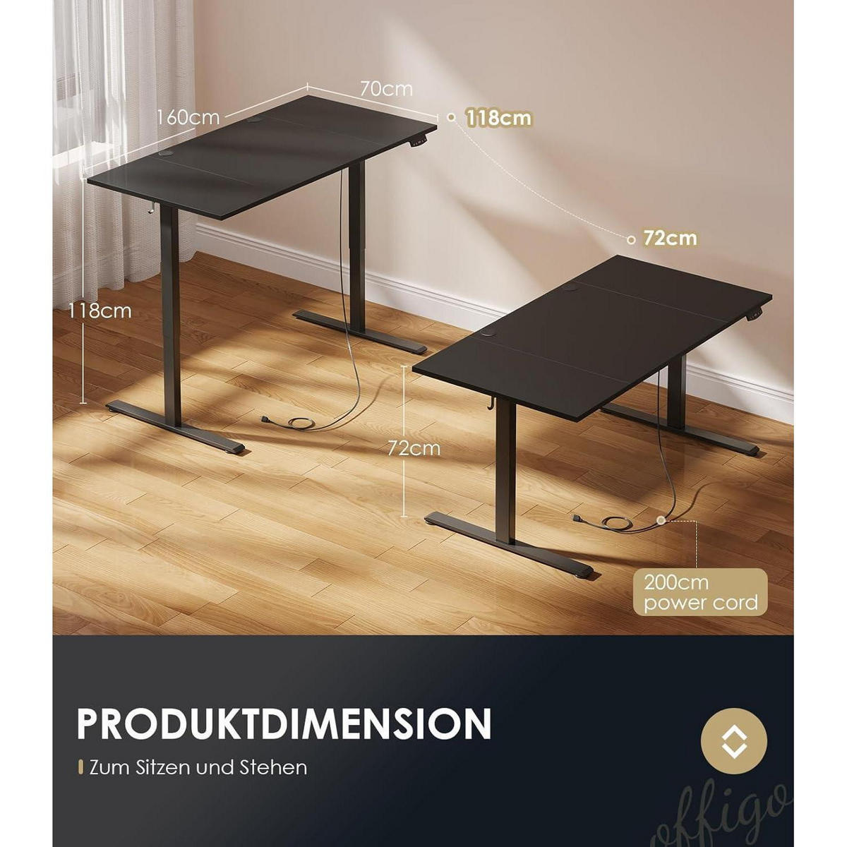 SCHREIBTISCH elektrisch höhenverstellbar 160 cm Schwarz 160 x 70 cm - Schwarz, Metall (70/160/72cm)