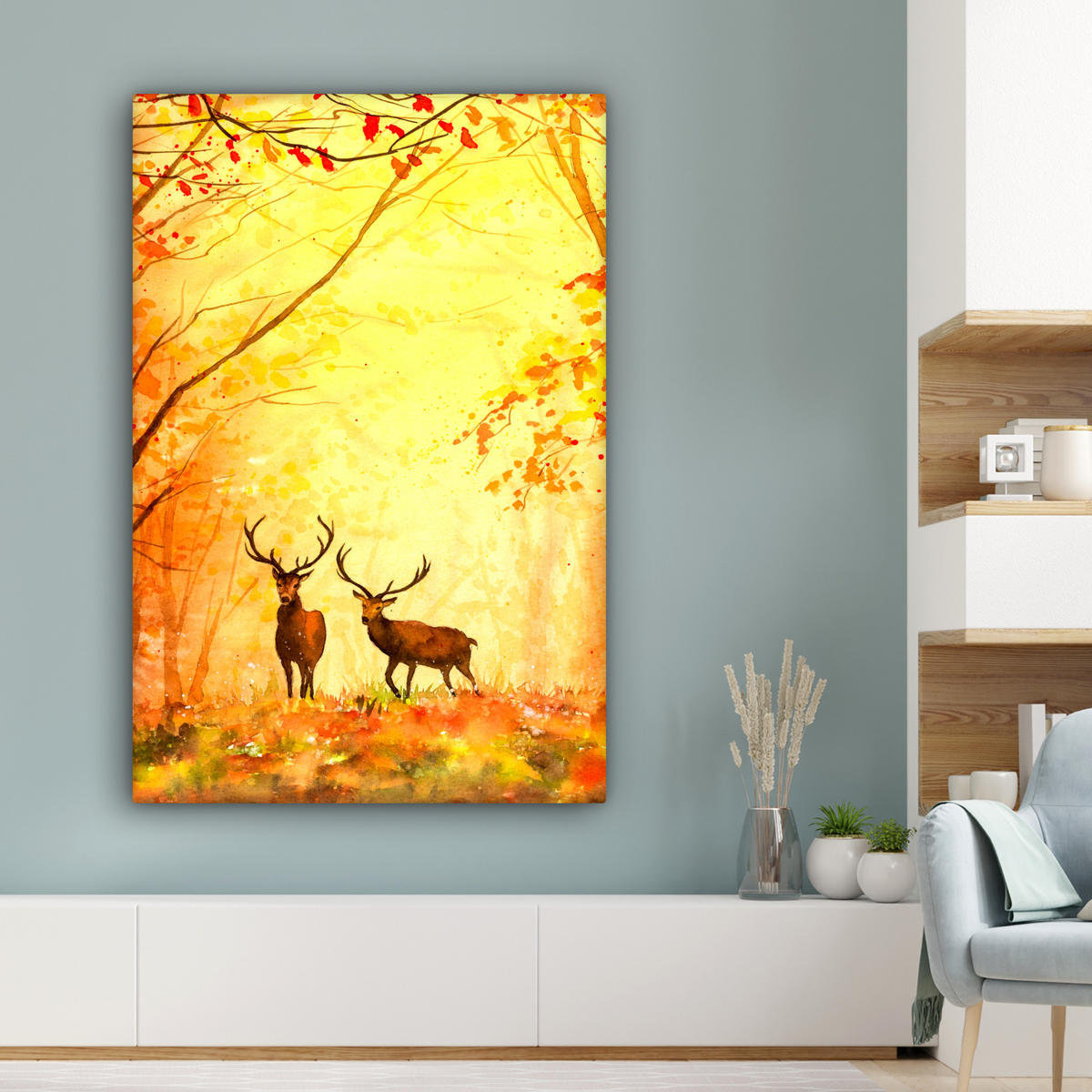 LEINWANDBILD Natur - Ölfarbe - Hirsche - Tiere - Herbst - Orange Deko Groß 90x140 cm - Orange, Textil (90/140cm) - MuchoWow