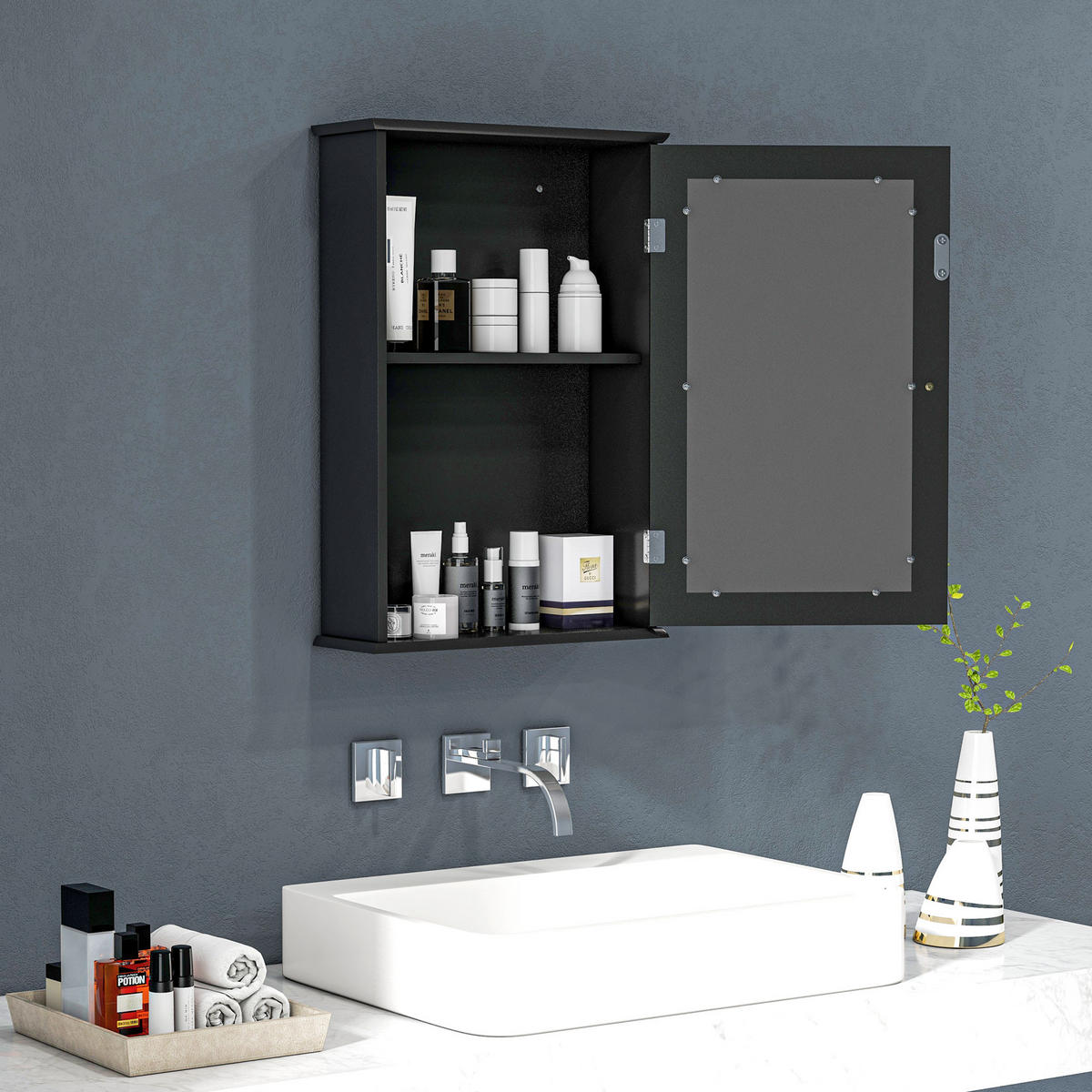 SPIEGELSCHRANK Spiegelschrank mit Spiegel und Magnetverschlusstür, 41 x 14 x 60 cm ,Schwarz - Schwarz, Glas (41/60/14cm) - Vallsero