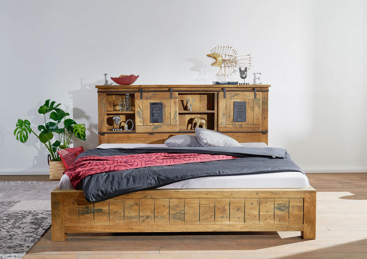 BETT Mango 180x200x105 natur lackiert RAILWAY #143 - Braun, Holz (180/200cm) - Massivmoebel24