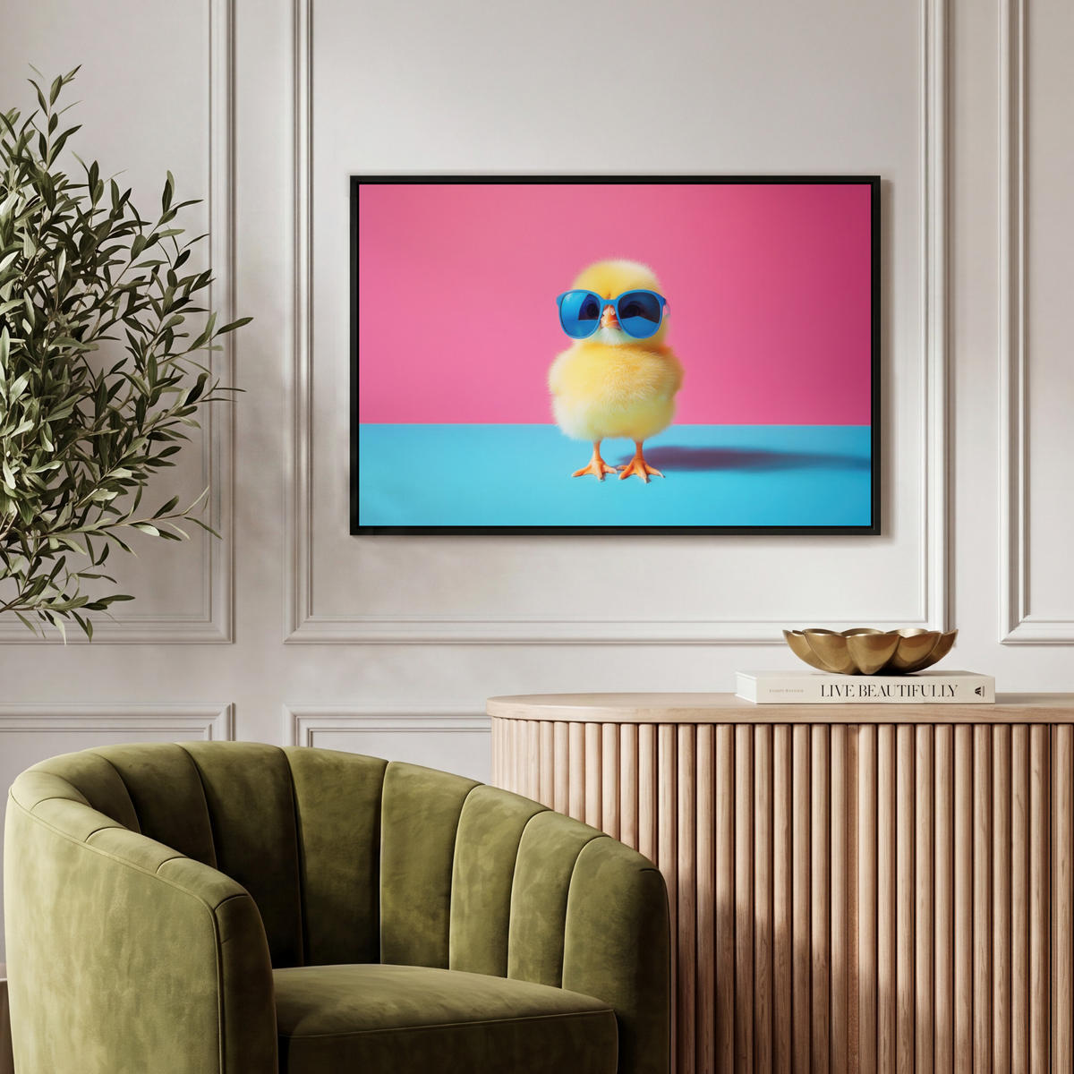 LEINWAND Bilder mit Rahmen - Chick - Sonnenbrille - Blau - 60x40 - Pink, Textil (60/40cm) - MuchoWow