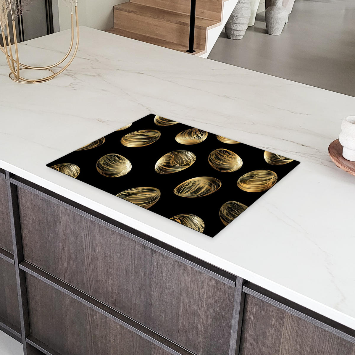 HERDABDECKPLATTE Eier - Gold - Muster Herdabdeckung Induktionsfeld 70x52 cm - Schwarz, Kunststoff (70/52/0.2cm) - MuchoWow