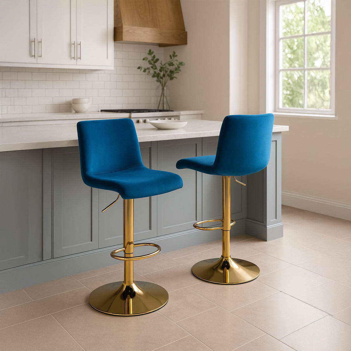 BARHOCKER Samt Blau - Blau, Textil (39/83/36cm) - CLP