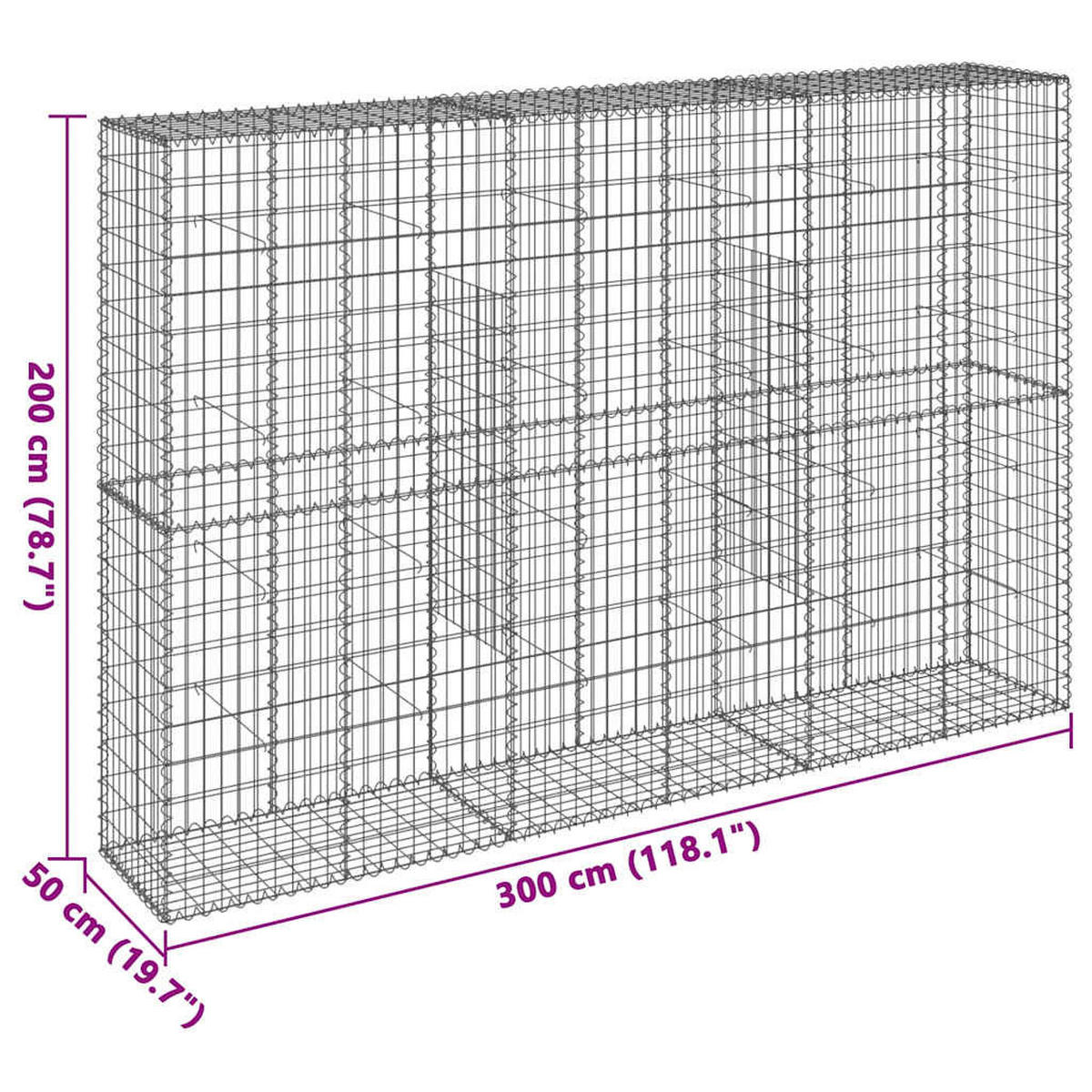 GABIONE Mit Deckel 300/50/200 Cm Verzinktes Eisen - Silberfarben, Metall (300/200/50cm) - vidaXL
