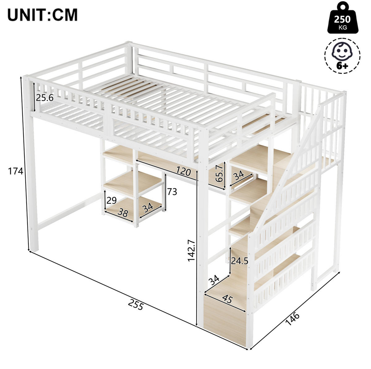 HOCHBETT aus Metall und MDF 140x200 cm Weiß mit Schreibtisch, LED-Lichtleiste, USB-Anschluss und Stauraumleiter - Weiß, Metall (140/200cm) - Modfu
