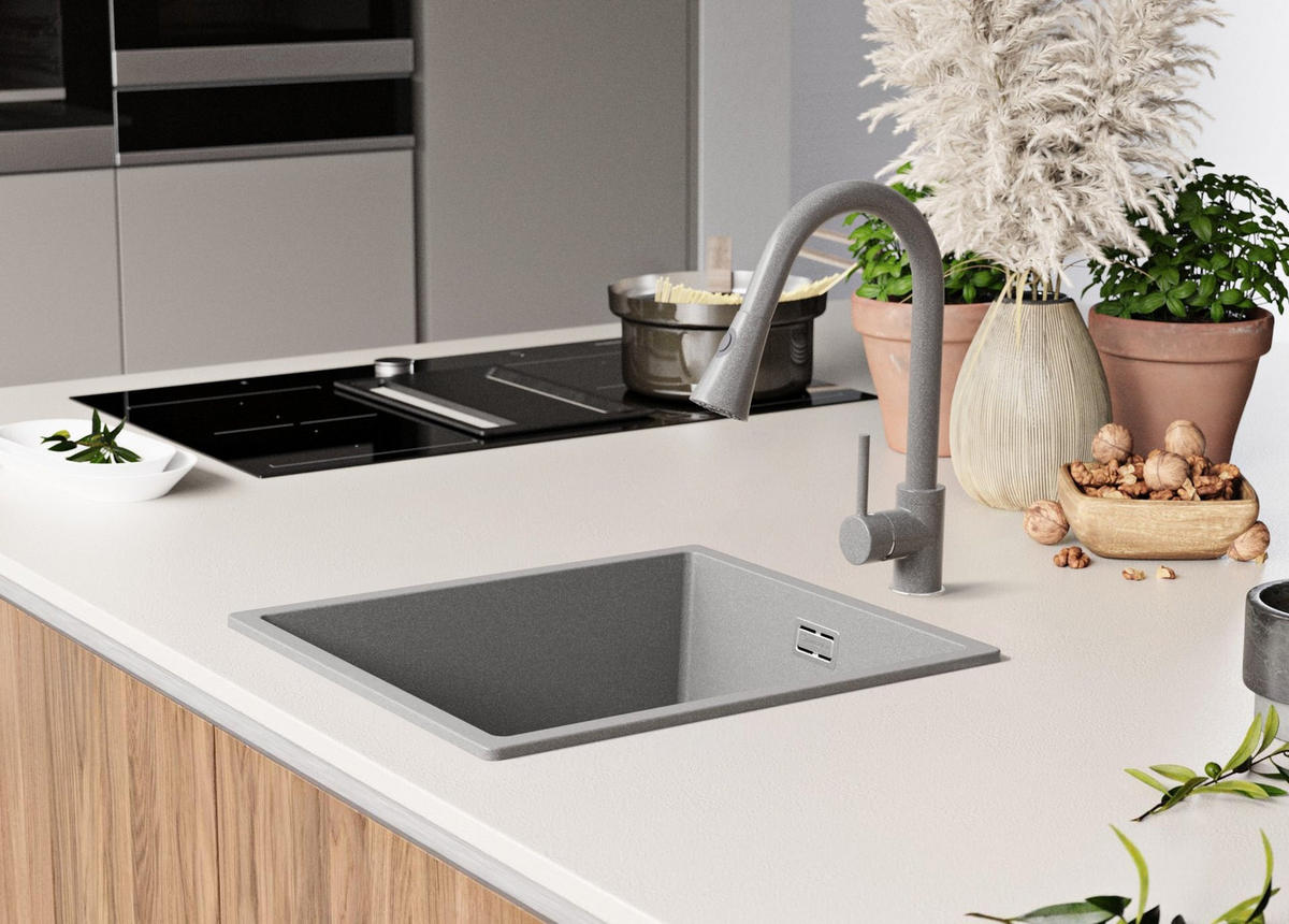 SPÜLBECKEN London Slim, 2-er set Grau 41/47 cm 1 Becken + Ablauf-Set ab 45er Unterschrank - Grau, Kunststoff (41/20/47cm) - Primagran