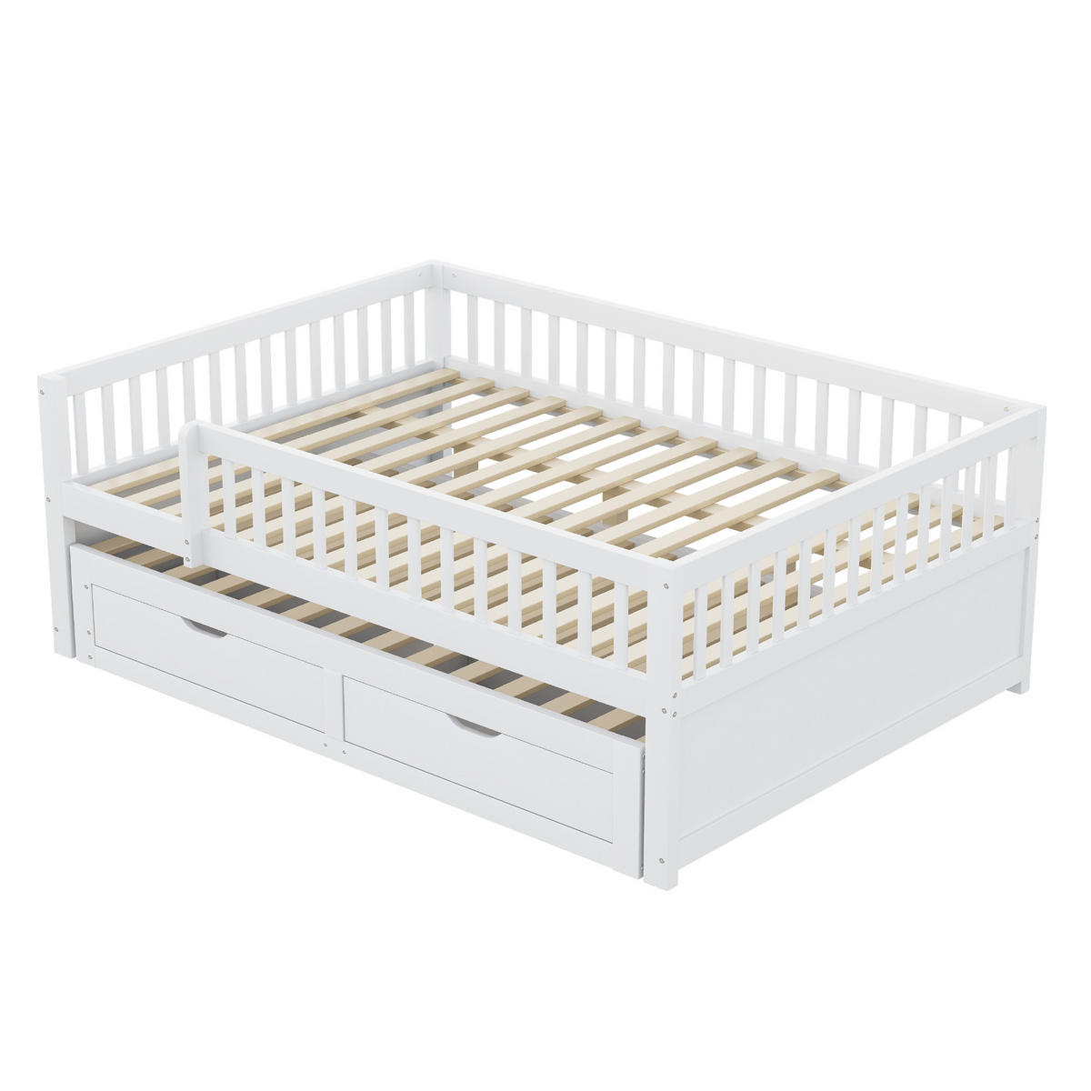 MULTIFUNKTIONSBETT 140/200 cm aus Massivholz mit Sicherheitsgitter und Ausziehbett Weiß - Weiß, Holz - OKWISH