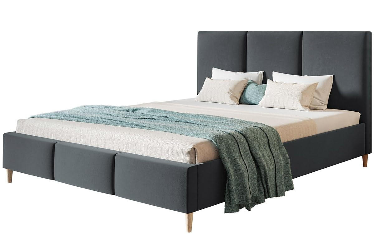 POLSTERBETT LUX Siena mit Kopfteil, 140 x 200 cm, Doppelbett mit Lattenrost aus Holz, Velourstoff Dunkelgrau, Füße in Farbe: Braun - Dunkelgrau, Holz/Textil (140/200cm) - Alpi-Möbel