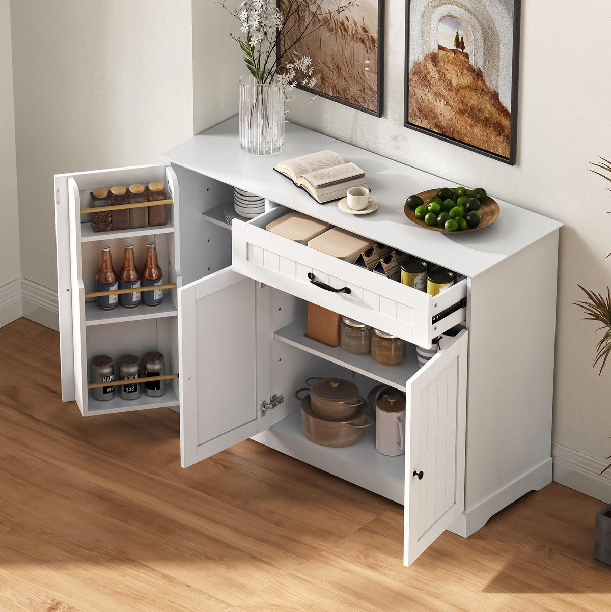 SIDEBOARD mit 3 Türen und 1 Schublade Weiß - Weiß, Holzwerkstoff (107/83.4/40cm) - Meubliv