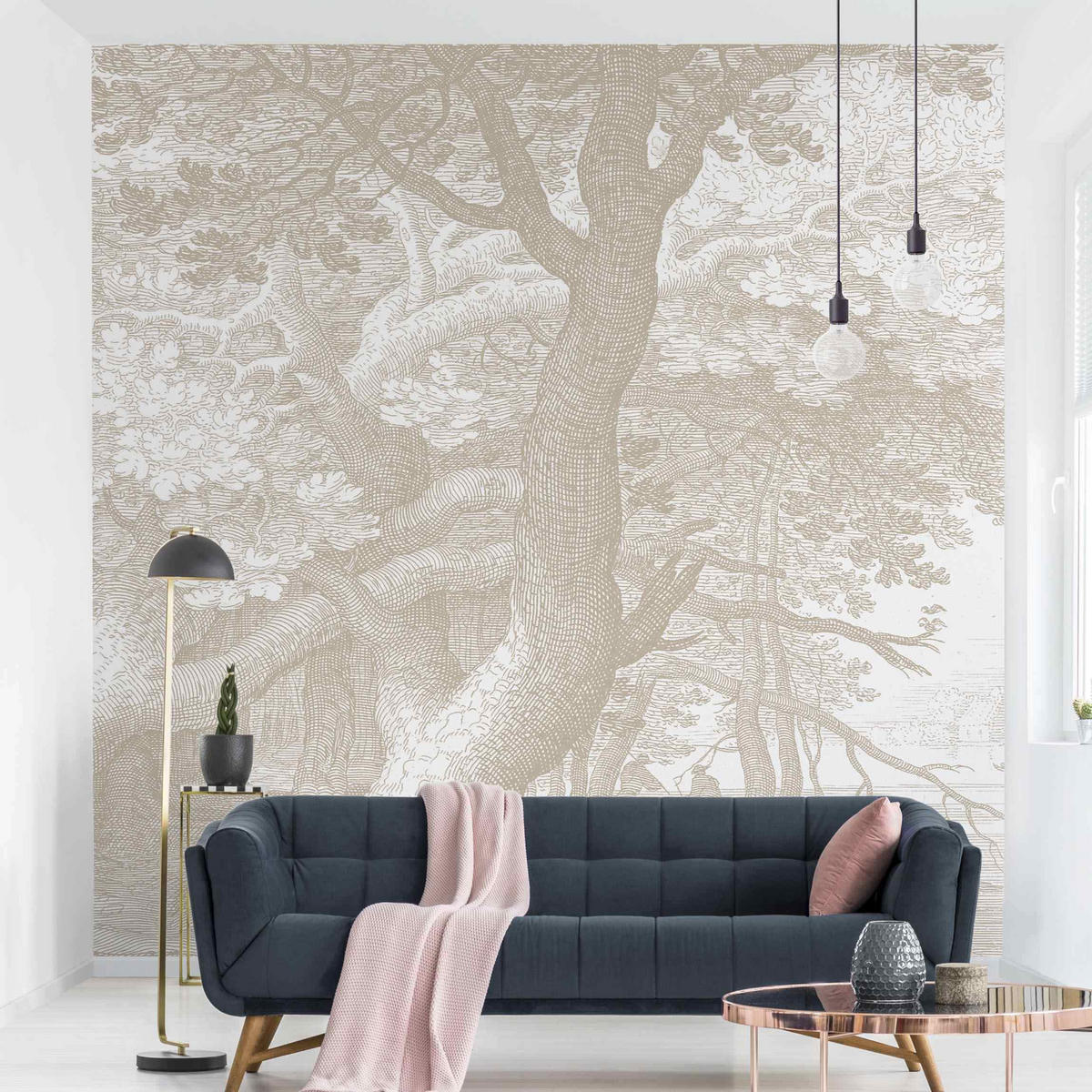 FOTOTAPETE Im Wald Kupferstich in Beige 288/288 cm - Eichefarben, Papier (288/288cm) - Bilderwelten