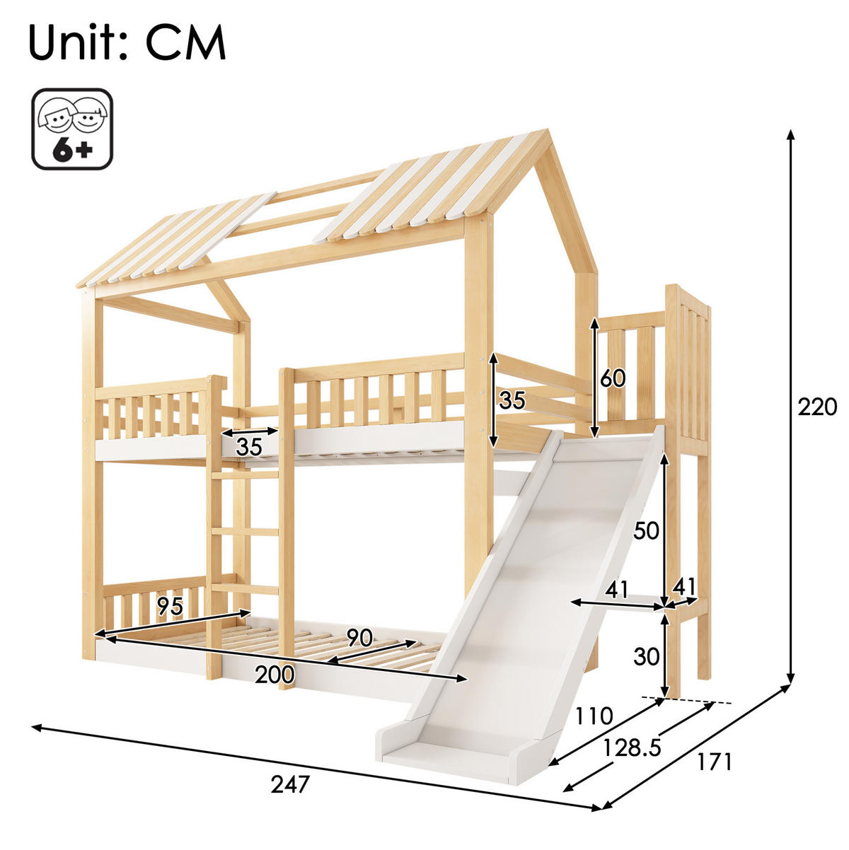 ETAGENBETT 90/200 cm mit Giebeldach, Regal und Rutsche, Weiß/Natur - Naturfarben, Holzwerkstoff (90/200cm) - Redom