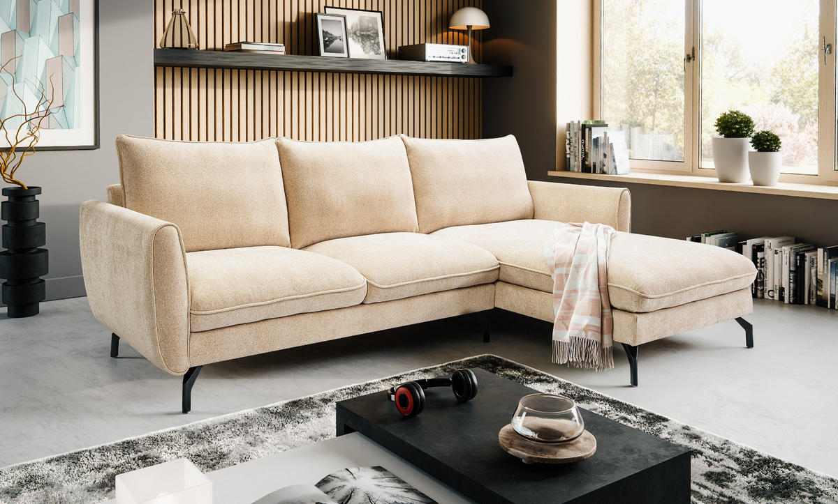 SOFA beige Webstoff 259 x 167 cm, Ecksofa 5-Sitzer, L-Sofa Ottomane rechts - Beige/Schwarz, Holz/Textil (259/167cm) - Inn.Furn