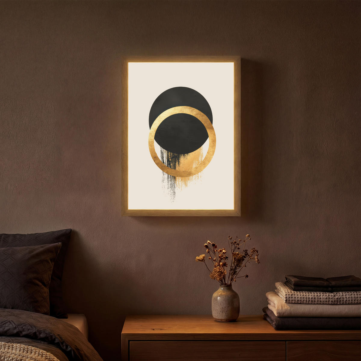 WANDLEUCHTE MIT AKKU Abstraktes Design - Schwarzer Kreis - Farbflecken 30x40 cm - Creme, Holzwerkstoff (30/40/8cm) - OnlyWow