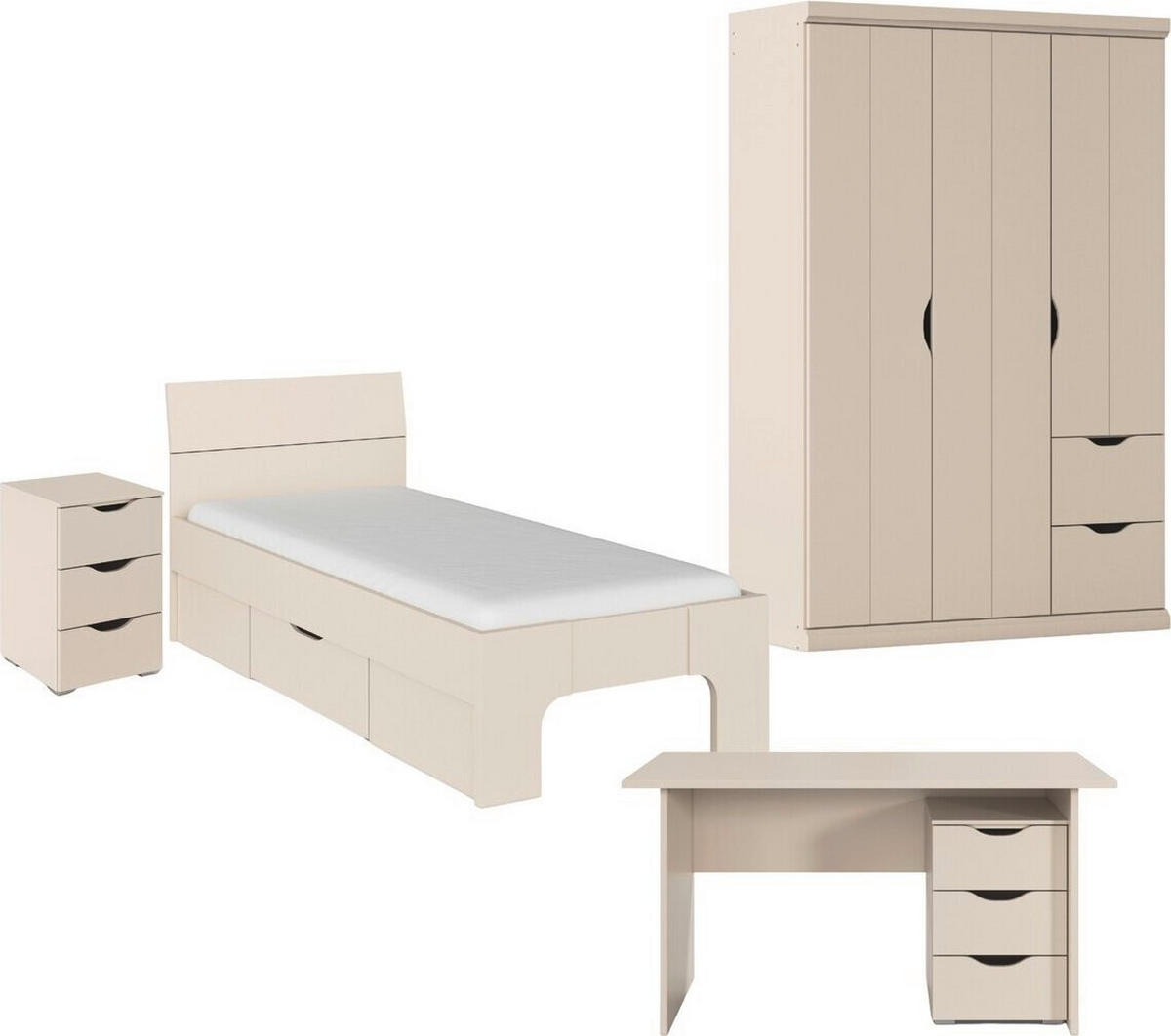 JUGENDZIMMER Frieda in Beige 5-teilig mit 3 türigem Kleiderschrank mit Schubkästen, 90er Jugendbett, Nachttisch, Schreibtisch mit Container - Beige, Holzwerkstoff (80/200/120cm)