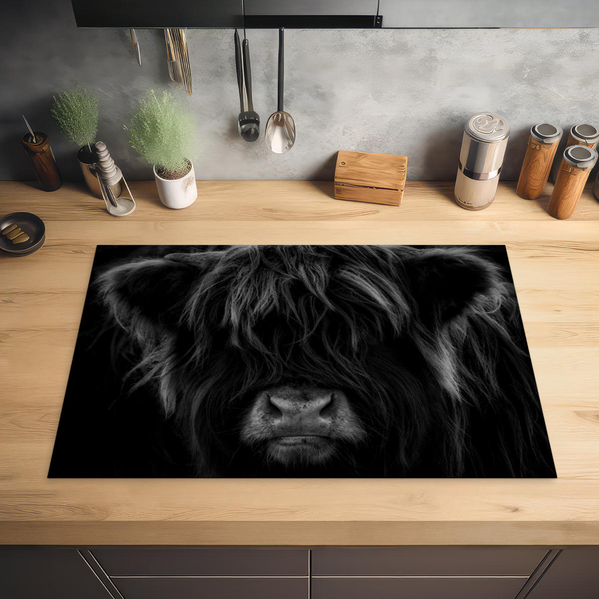 HERDABDECKPLATTE Schottischer Highlander - Kuh - Schwarz - Weiß - Tiere Ceranfeldabdeckung 80x52 cm - Schwarz, Kunststoff (80/52/0.2cm) - MuchoWow