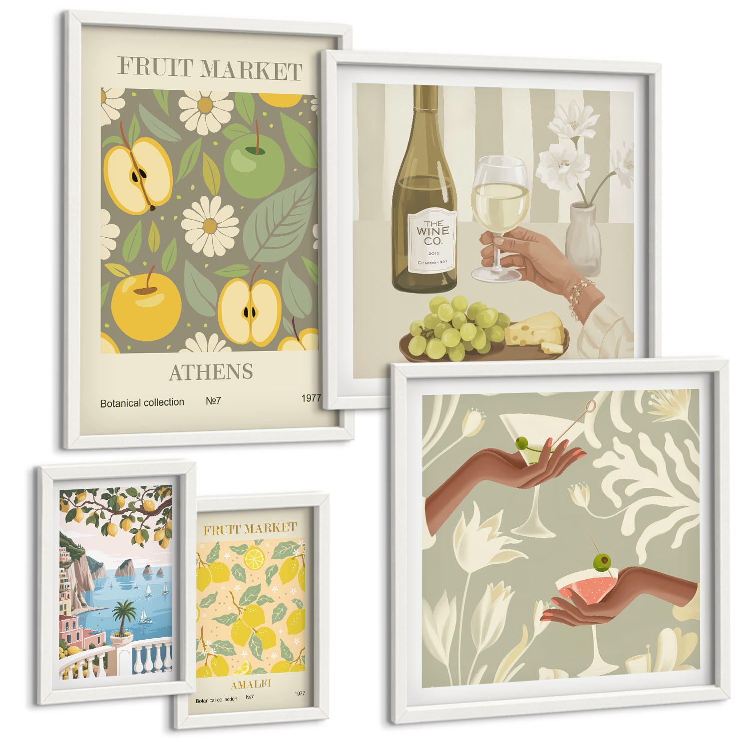BILDER SET 5er Set - 50x50 cm & 20x30 cm & 40x60 cm Weißer Rahmen - Vintage-Poster mit Fruchtmustern - Weiß, Kunststoff (40/60cm) - TULUP