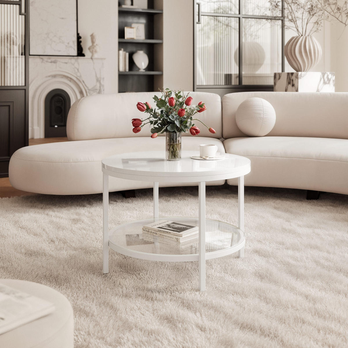 COUCHTISCH CANDY 60/42 cm runden, Weiß / Weiß Hochglanz - Weiß Hochglanz/Weiß, Metall (60/60/42cm) - Idohome