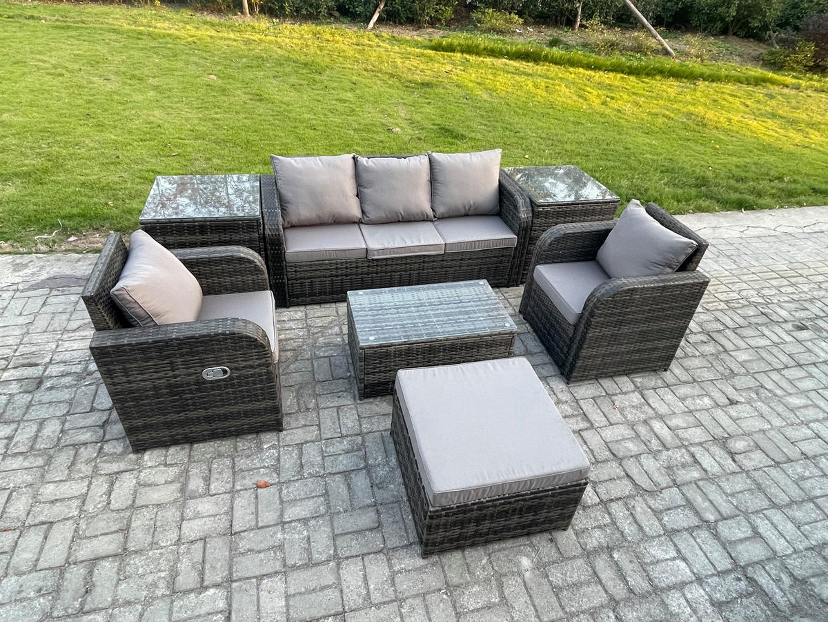 GARTENMÖBELSET mit Couchtisch Polyrattan 6-Sitzer - Dunkelgrau/Grau, Glas/Kunststoff - Fimous