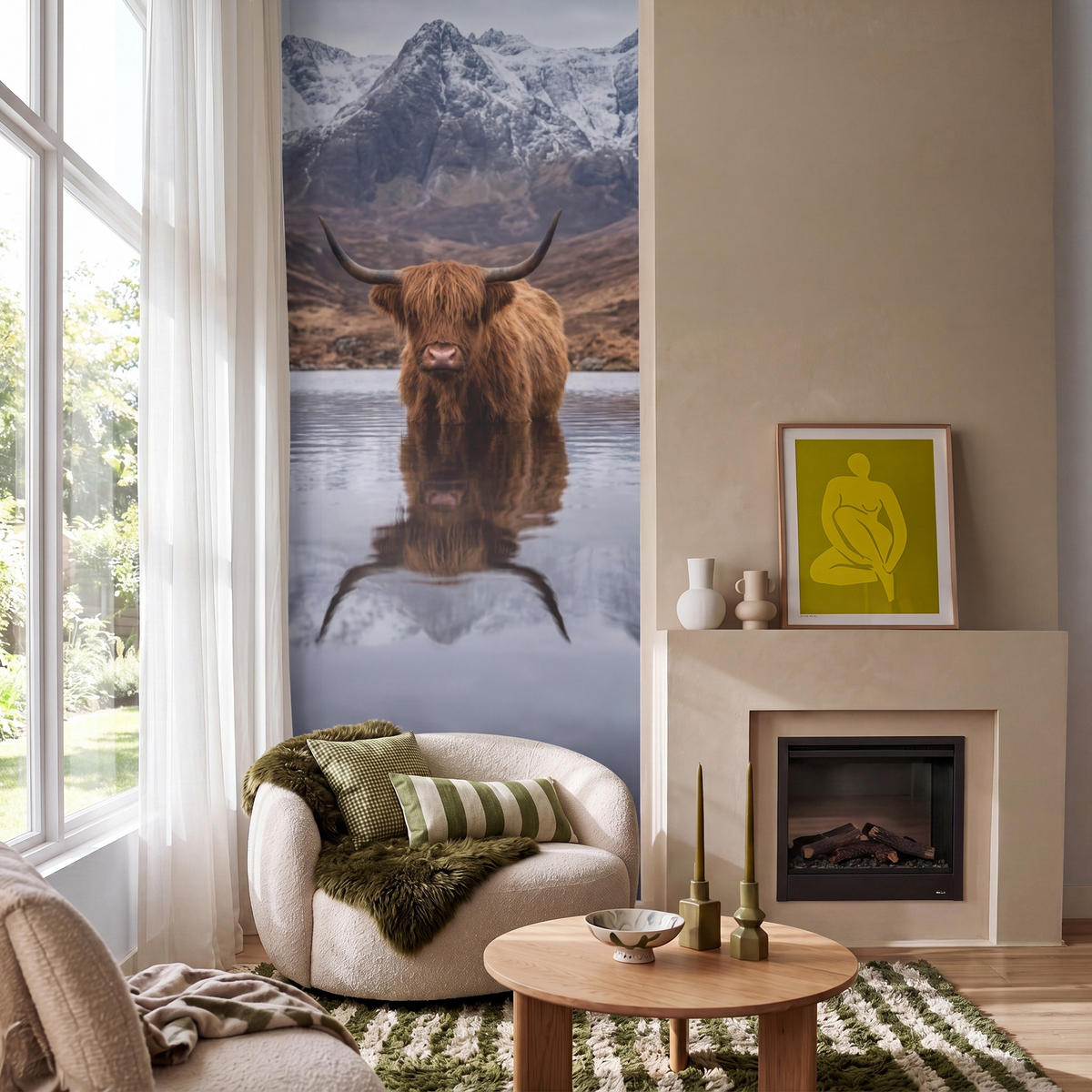 TAPETE - Schottischer Hochländer - Braun - Wasser - 100x300 cm - Braun, Papier (100/300cm) - OnlyWow