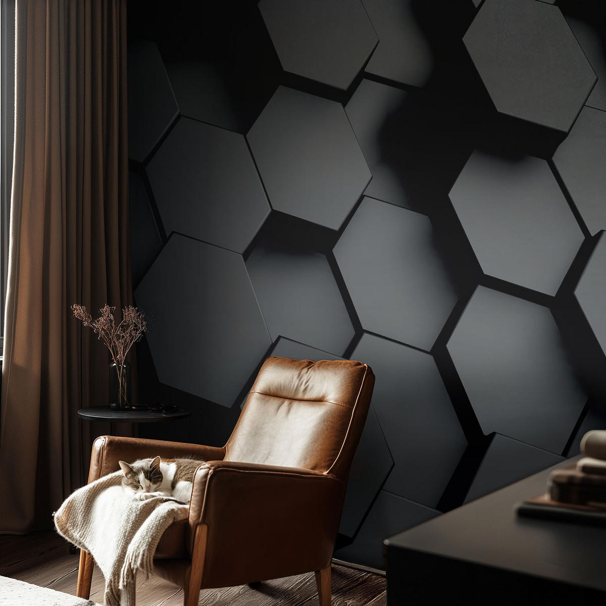 FOTOTAPETE 104x70 cm - 3D-Sechsecke - Schwarz, Textil (104/70cm) - Wallfluent