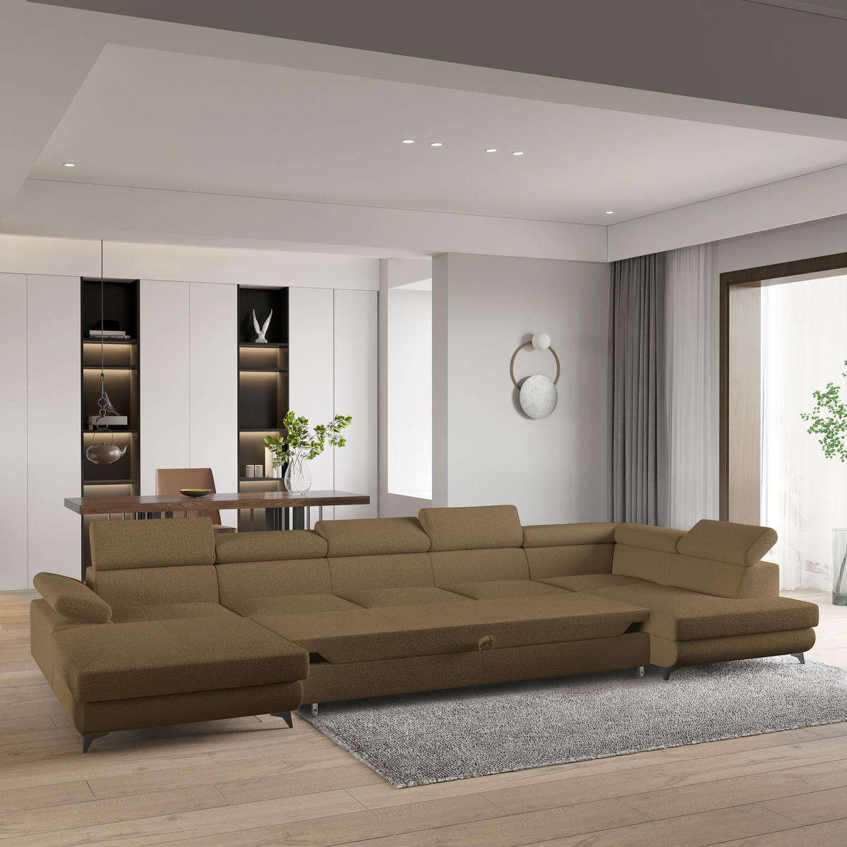 WOHNLANDSCHAFT MONTIVA Orange Boucle-Stoff mit Schlaffunktion - Orange, Holz (410/89/190cm) - MASSENO