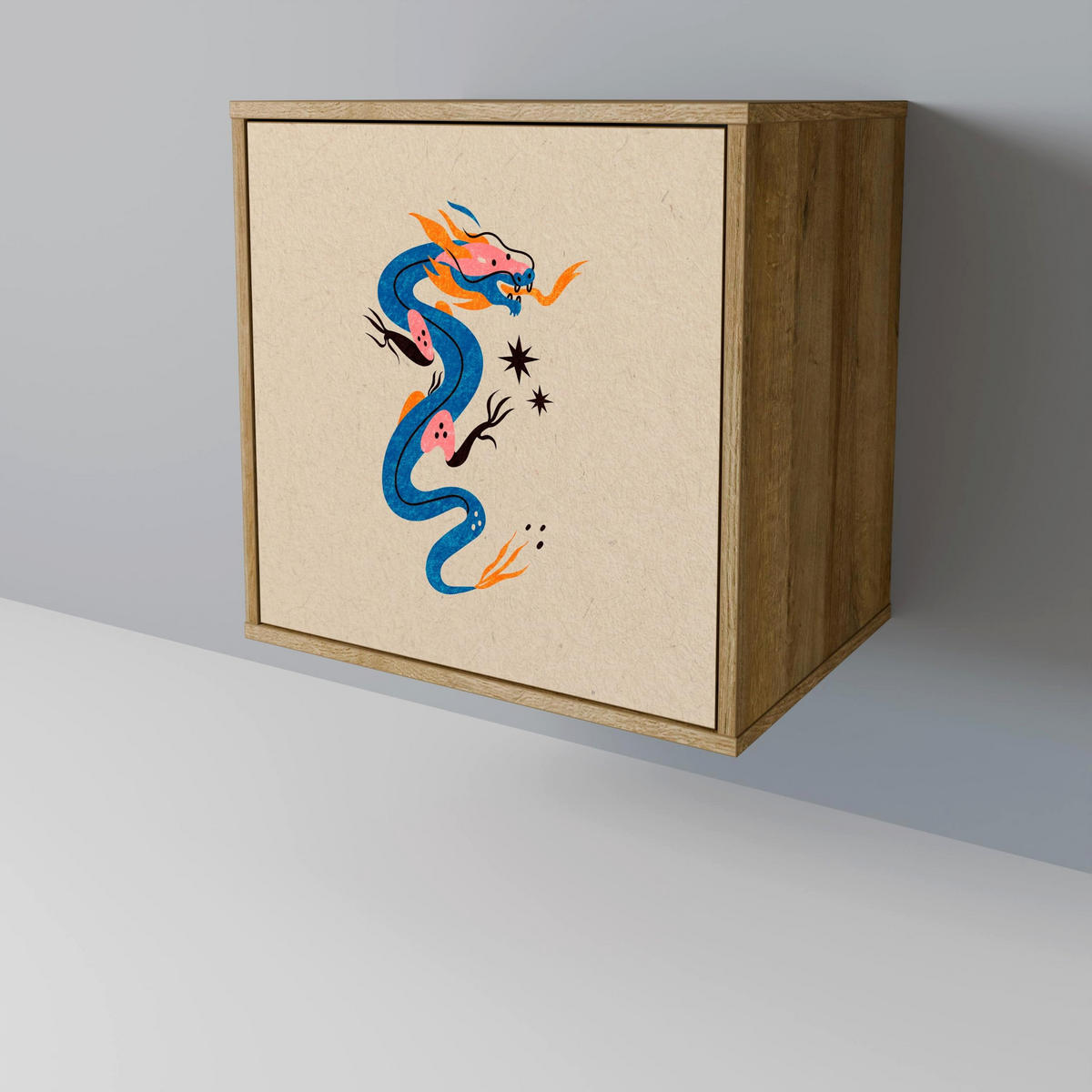 SIDEBOARD MYTHOLOGICAL CREATURES, Eichefarben, 57,5x42x67,5 cm, Schwarze Metall-Rahmenfüße - Eichefarben/Multicolor, Holzwerkstoff/Metall (57.5/67.5/42cm) - SpaceRebels