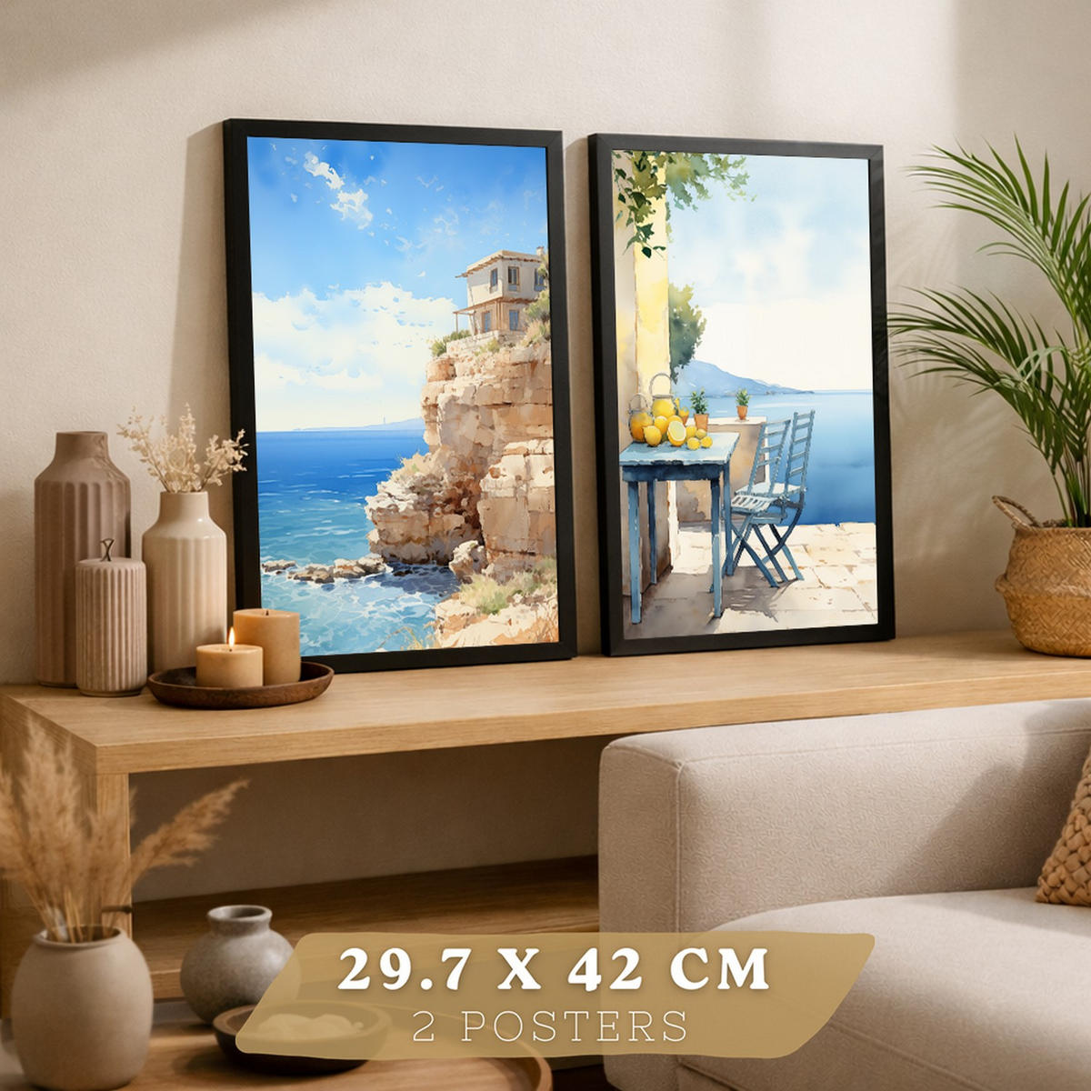 PLAKAT Sada 2 Pláž na útesech A4 Černý rám - černá, papír (29.7/1/21cm) - Nacnic