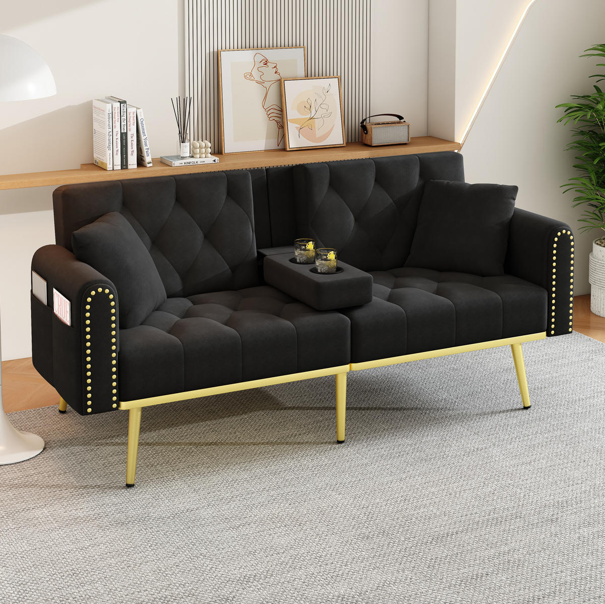 SCHLAFSOFA Samt mit verstellbarer Rückenlehne und Getränkehalter Schwarz 175/80/73,5 cm - Schwarz, Textil (73.5/175/80cm) - Redom