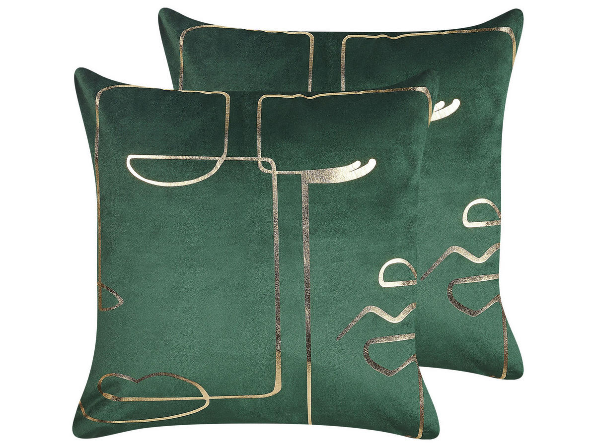 DEKOKISSEN 2er-Set Smaragdgrün 45/45 cm Philodendron - Smaragdgrün, Textil (45/45cm) - Beliani