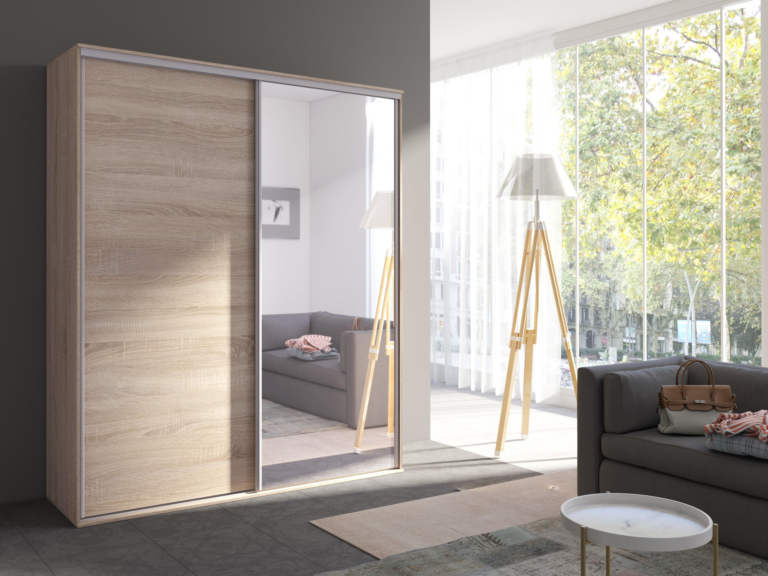 Thumbnail - Möblo Schiebetürenschrank, Sonoma Eiche, Holzwerkstoff, Rechteckig, 204x244x62 cm, Schlafzimmer, Kleiderschränke, Schweb...