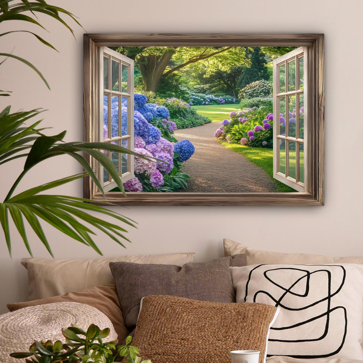 LEINWANDBILD Aussicht - Garten - Fenster - Hortensie - Blumen Wandbilder 80x60 cm - Pastellblau, Textil (80/60cm) - MuchoWow