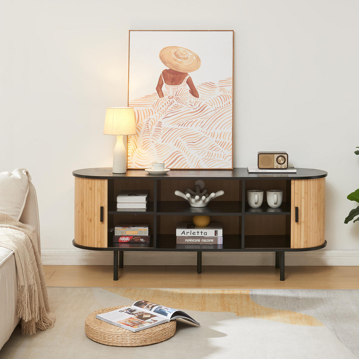 TV-ELEMENT Tvedestrand - Schwarz/Naturfarben, Holzwerkstoff/Metall (140/55/40cm) - [en.casa]