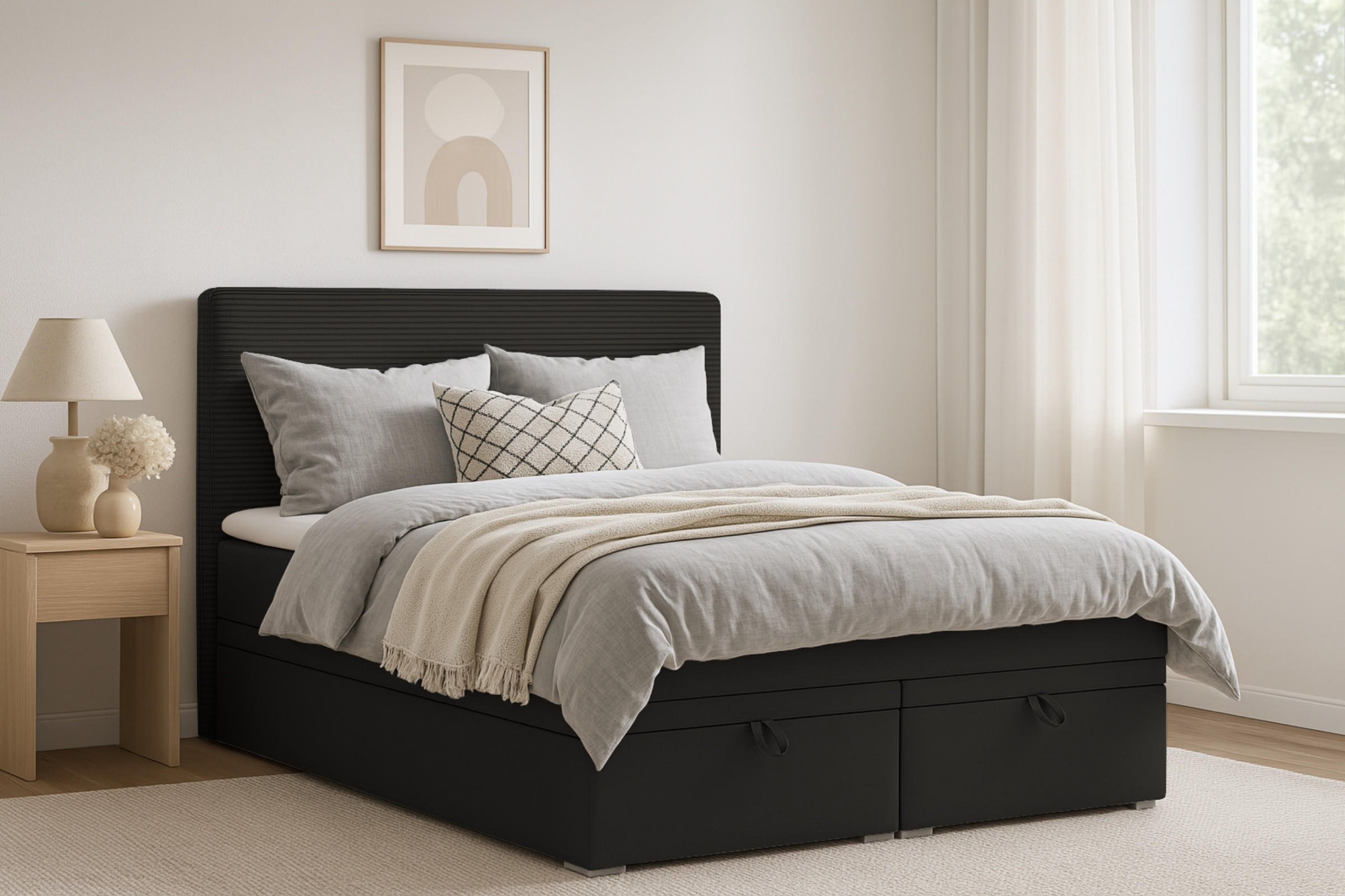 BOXBETT DARO 120/200 in Velour/Cord Schwarz - Schwarz, Holz/Holzwerkstoff (120/200cm) - Deine Möbel 24