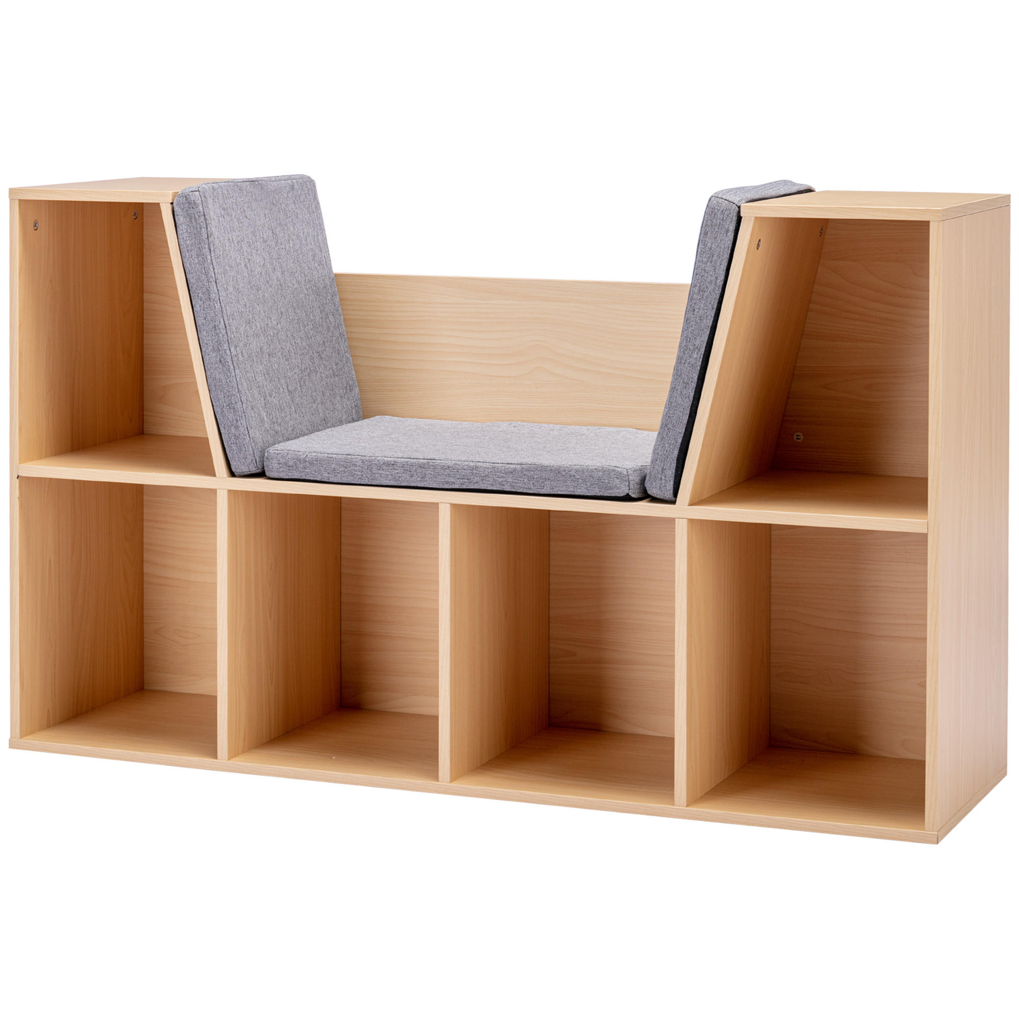 KINDERREGAL 2-in-1 Eckregal mit 6 Fächern Kindersitzbank mit Kissen Grau - Hellbraun/Naturfarben, Holzwerkstoff/Textil (30/62/103cm) - HOMCOM