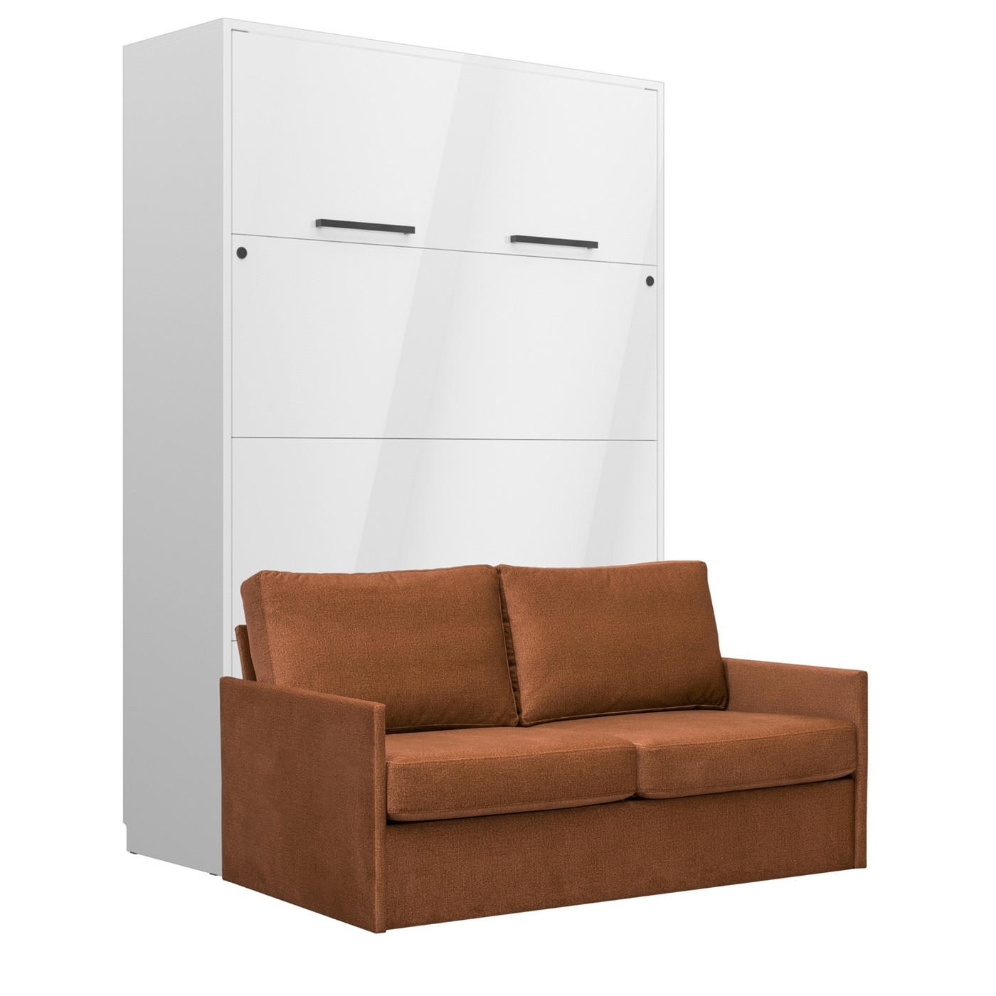 SCHRANKBETT Wandbett GN 140x200 weiß hochglanz mit LED & Sofa - Nussbraun - Weiß Hochglanz/Nussbaumfarben, Holz/Holzwerkstoff (140/200cm) - QMM TraumMöbel