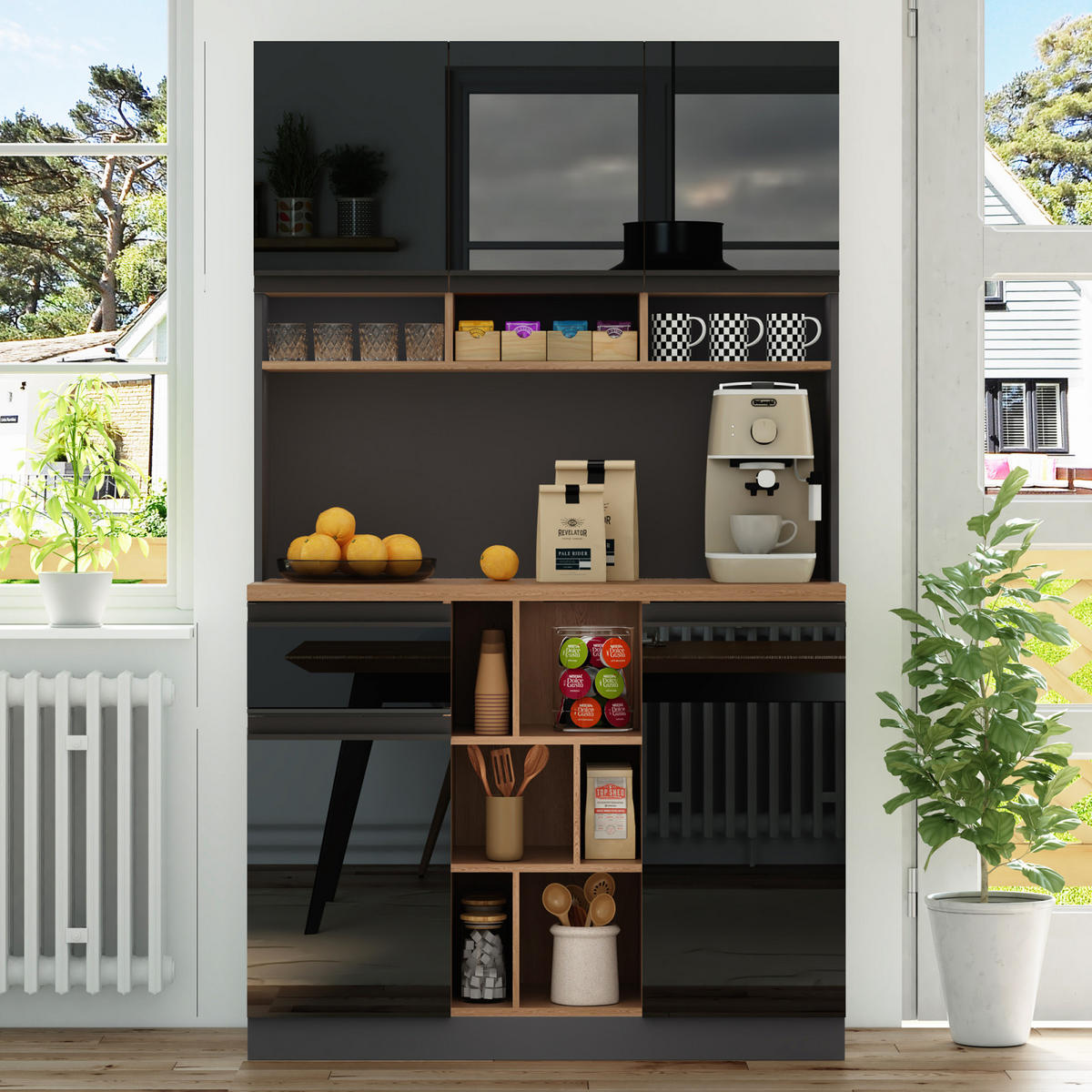 SIDEBOARD 105x45x185 cm, verstellbare Böden, Schwarz - Schwarz, Holz (105/185/45cm)