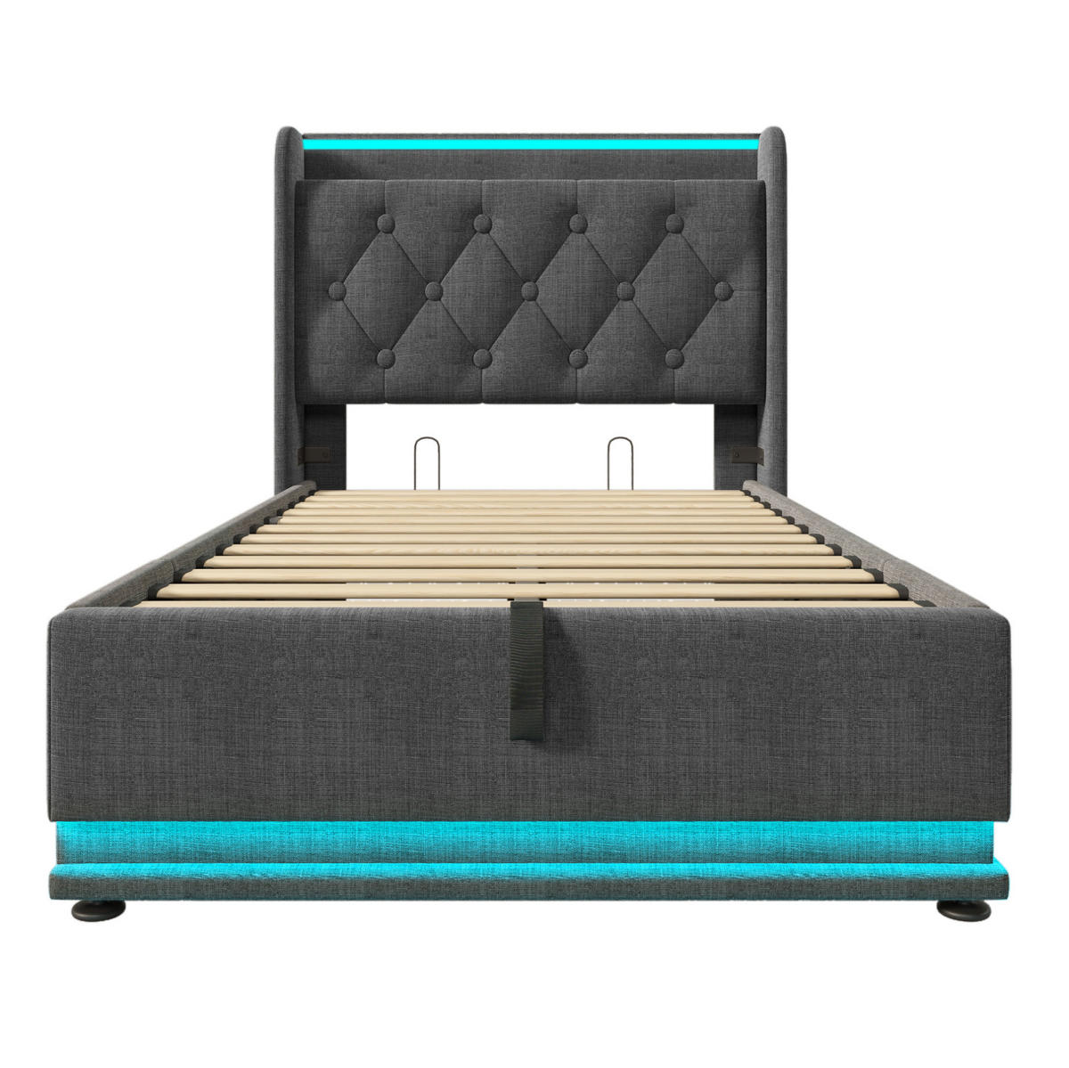 POLSTERBETT 90/200 cm mit LED-Beleuchtung, USB-C, hydraulischem Bettkasten und Matratze, Grau - Grau, Textil (90/200cm) - Redom