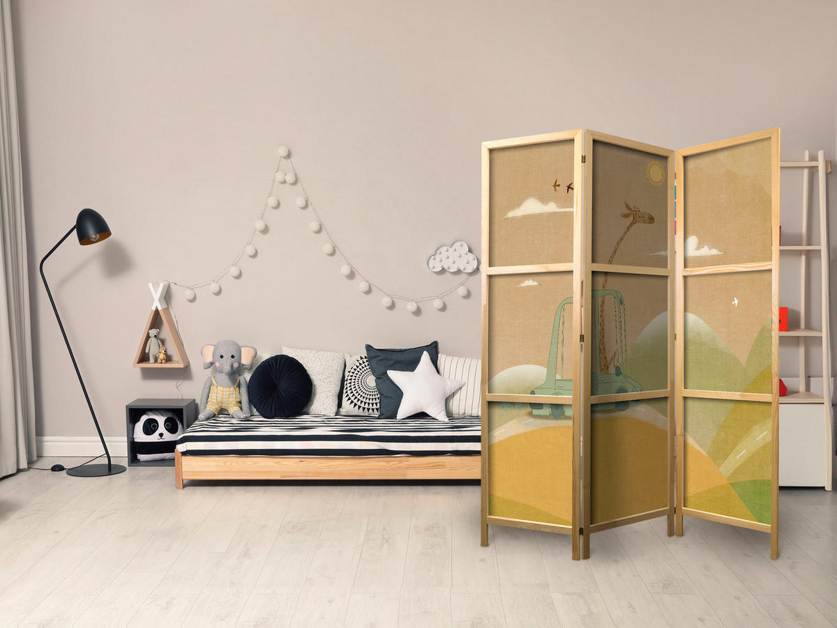 PARAVENT Japanischer 3-tlg 135x172 cm Giraffe im Auto - Beige, Holz/Textil (135/172/3cm) - Muralo