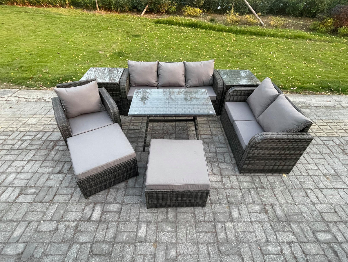 GARTENMÖBEL SET Polyrattan Dunkelgrau 8-Sitzer - Dunkelgrau/Grau, Glas/Kunststoff - Fimous