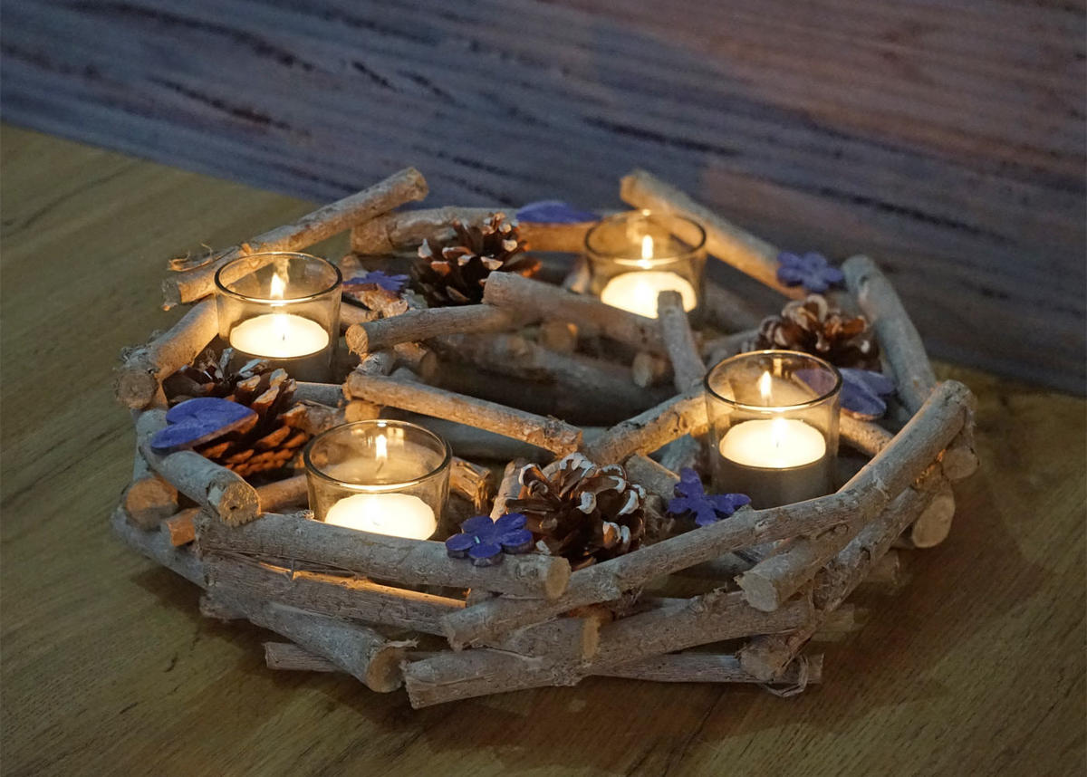 ADVENTSKRANZ RUND MIT TEELICHTHALTERN Weiß, Grau - Weiß/Grau, Textil (30/9cm) - MCW