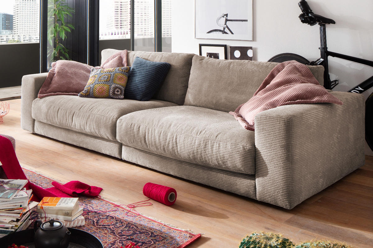 SOFA 3-SITZER MADELINE Taupe Cord - Taupe/Schwarz, Textil (290/85/127cm) - KAWOLA